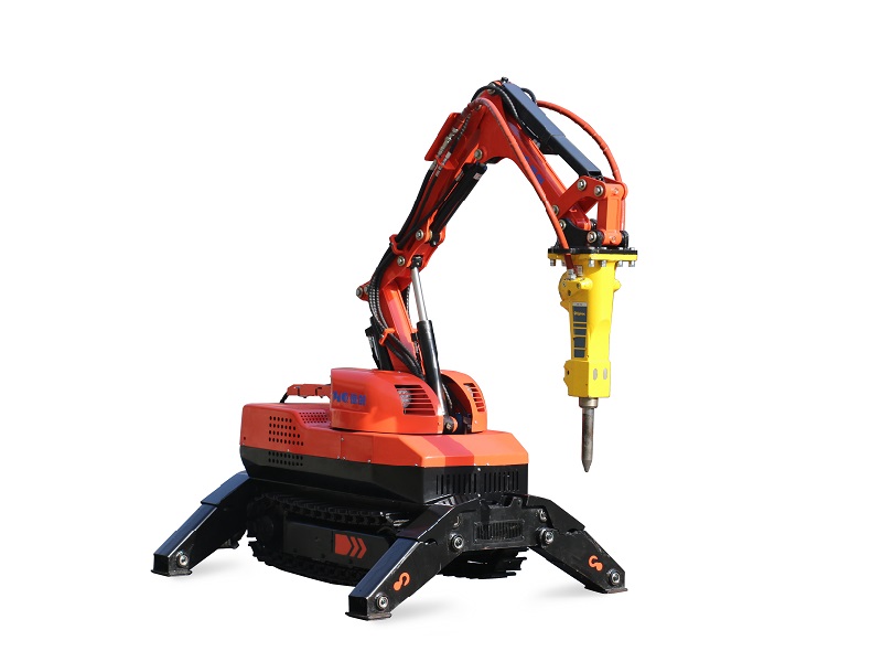 Rendering of a sturdy demolition robot with strong hydraulic claws and arm.
