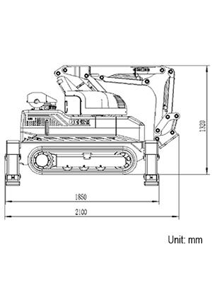 Aerial view of the demolition robot model showing the mobile base unit and articulating arm.