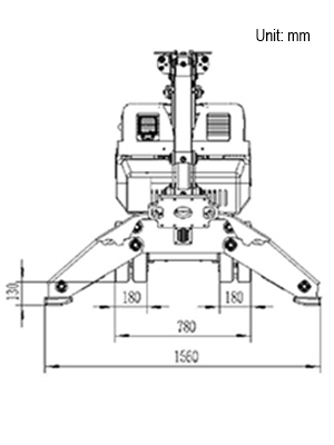 Frontal view of the demolition robot model showing the base unit, articulating arm and hydraulic attachment. 