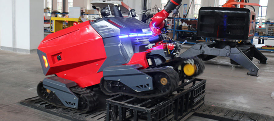 3-All-terrain remotely controlled firefighting robot navigating rough terrain